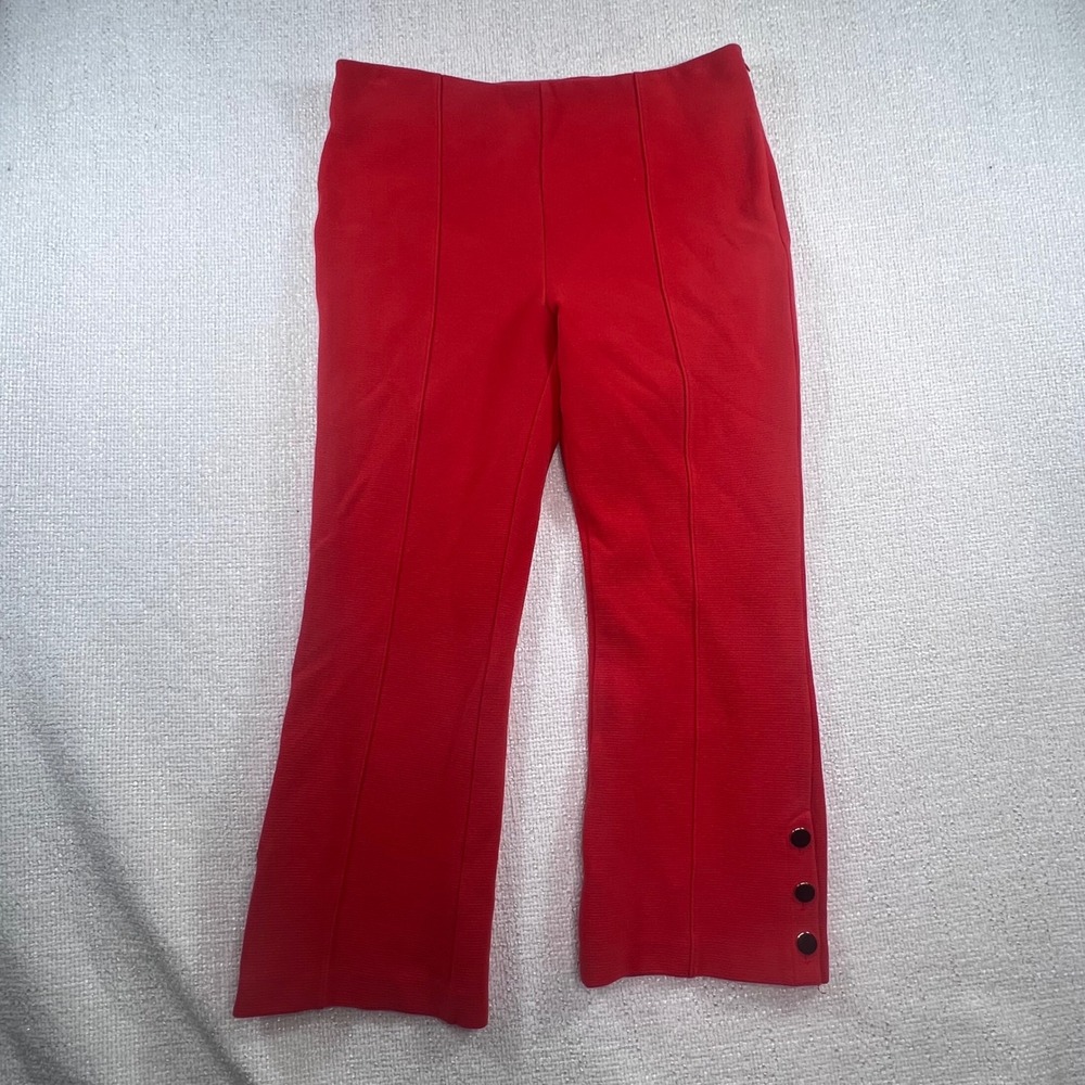 Ann Taylor Red High Waisted Flare Crop Trousers with Ankle Buttons Pintuck Seams - Picture 2 of 9